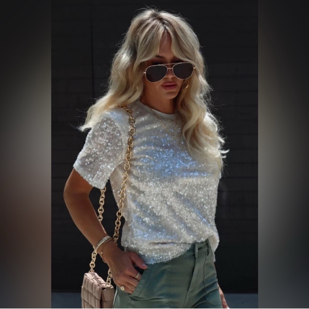 GREY LAB Sequin Short Sleeve Top‎ White Nude Pink NWT Size M